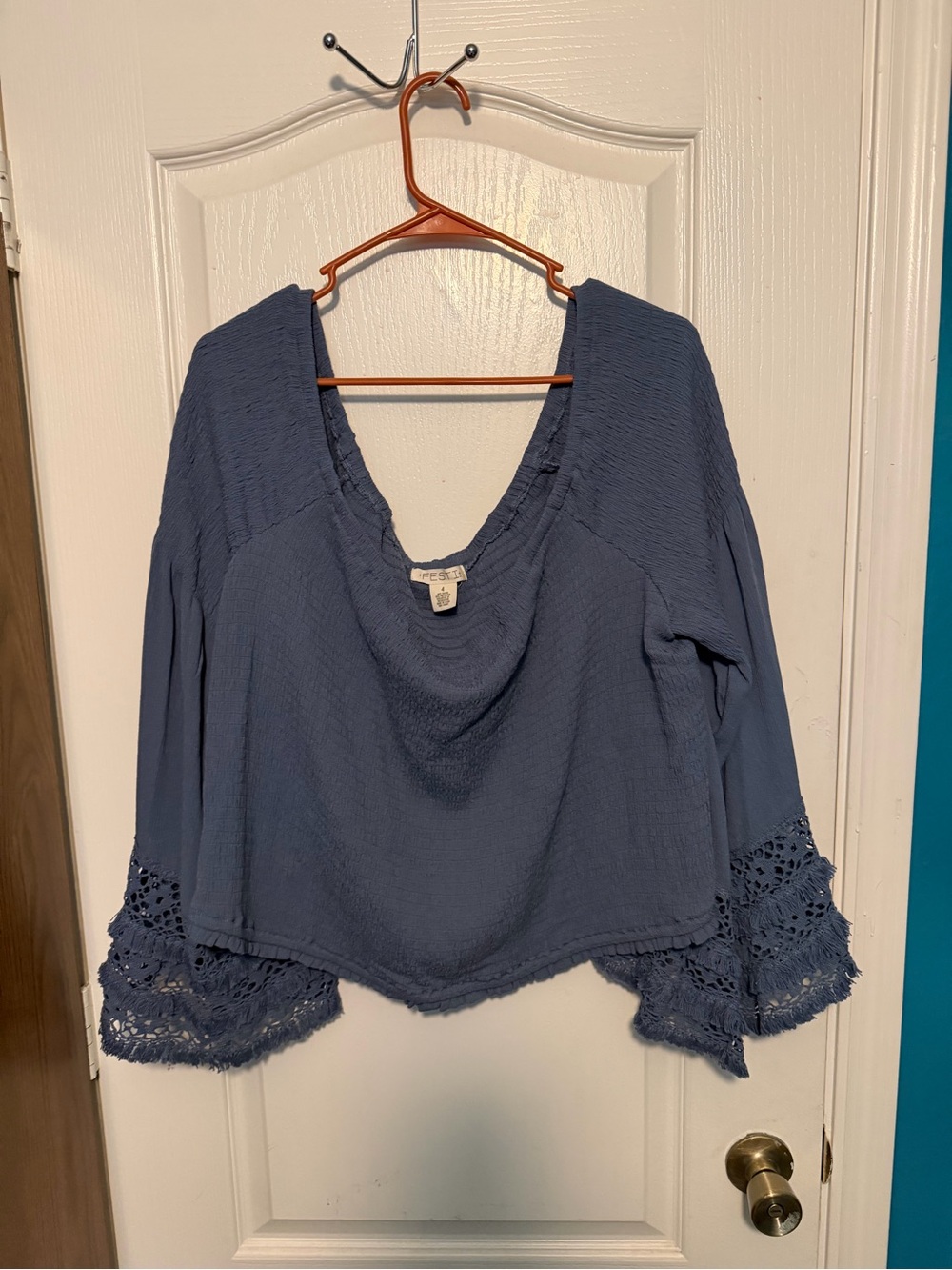 torrid Dusty Blue Crochet Bell Sleeve Peasant Top